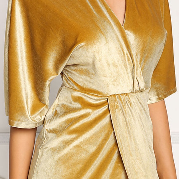 GOLD VELVET DRAPED SLIT MIDI DRESS M/L - Picture 6 of 6